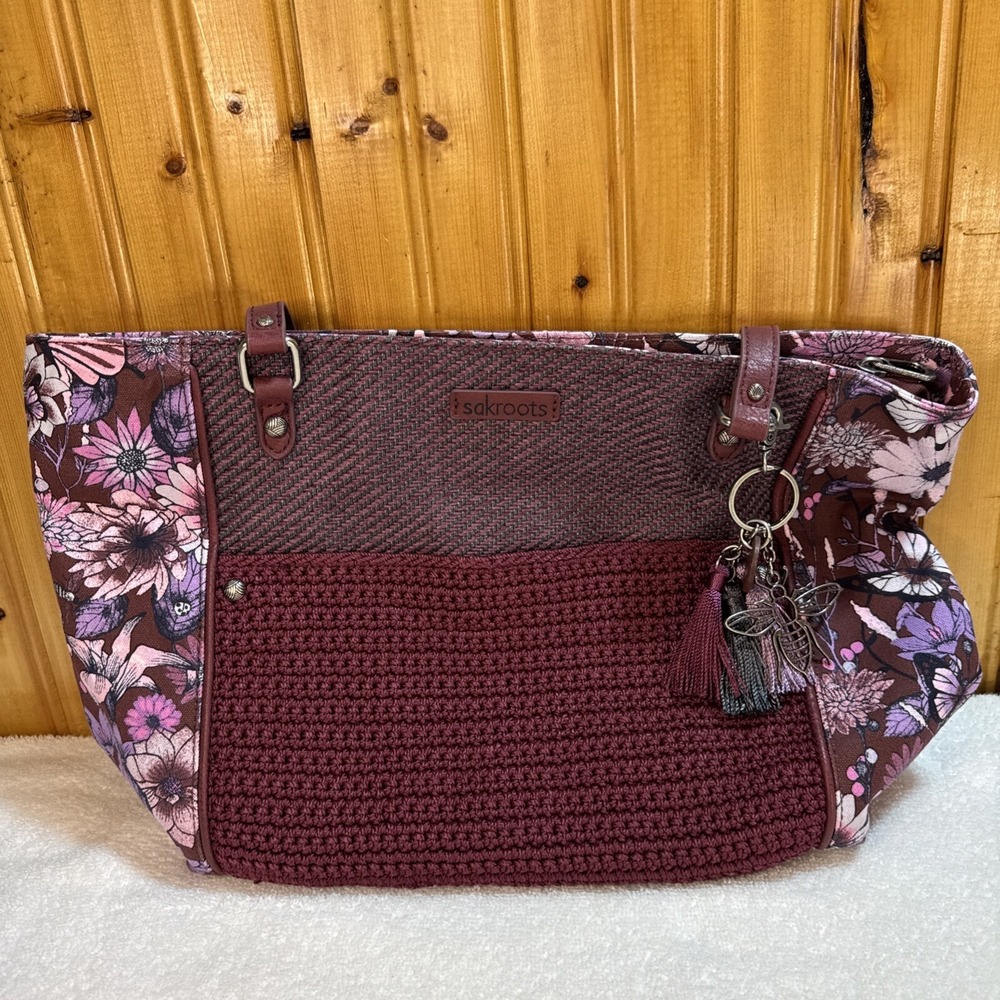 Sakroots Burgundy Floral Double Strap Shoulder Bag‎ Purse  Crochet & Charm